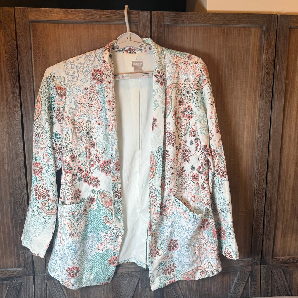 Chicos Size 2 Paisley Open Front Blazer Jacket Aqua Coral Lined Pockets